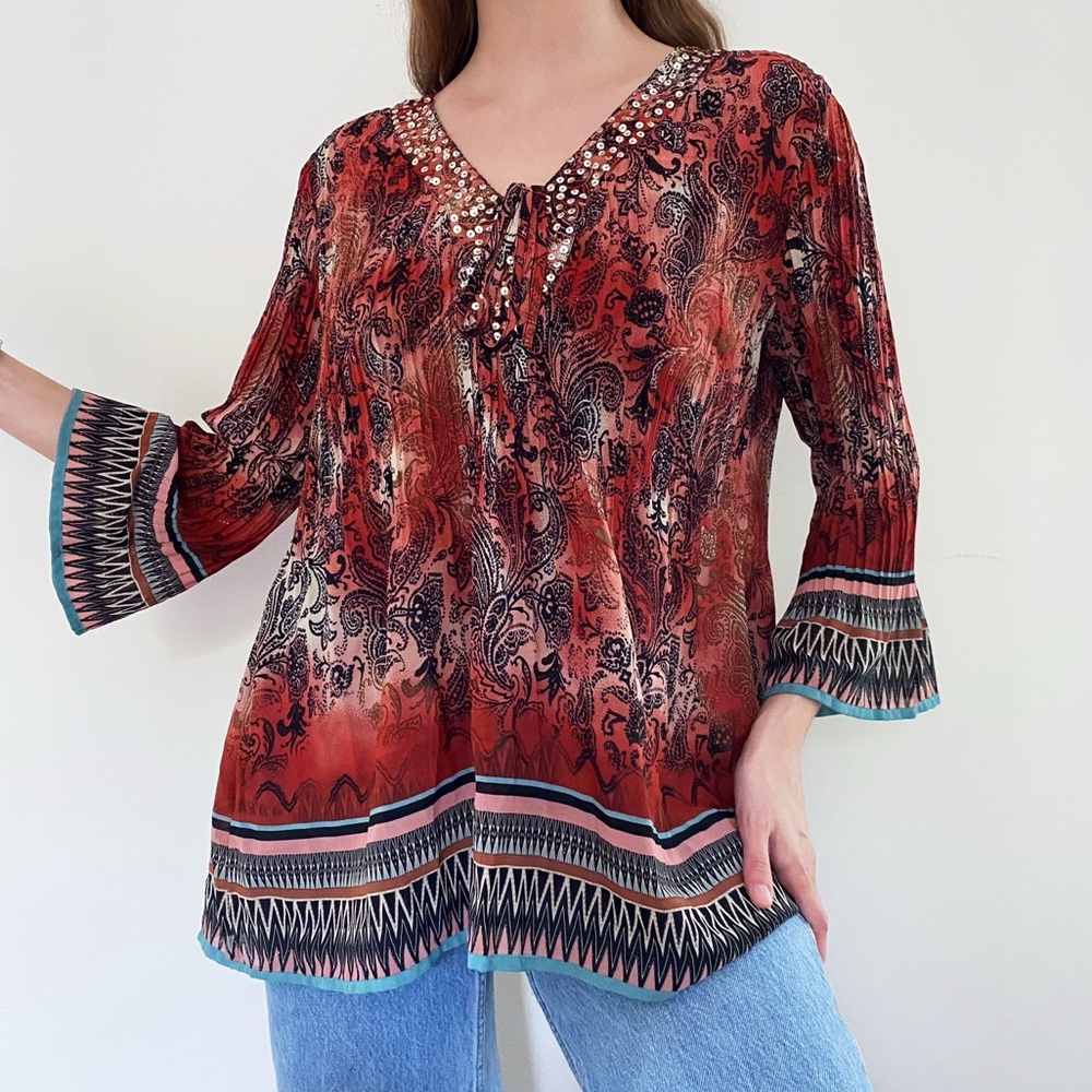 Vintage Y2K Boho Paisley Printed Embellished Bell Sleeve Top